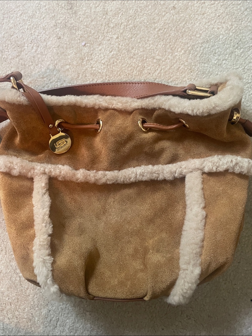 UGG Suede Bucket Bag with Cream Shearling Trim - Tan